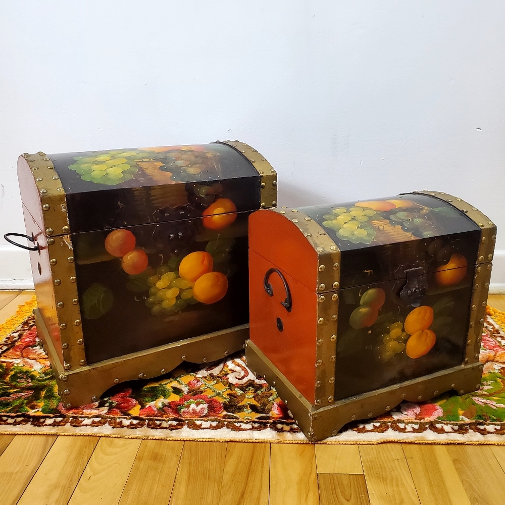 Vintage Hand Painted Wooden Fruits Hope Treasure Chest Trunk Storage 2 Box